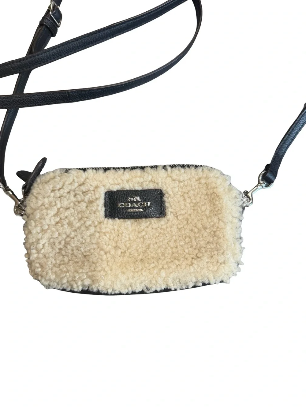 COACH Cream Shearling crossbody with Black Leather Strap